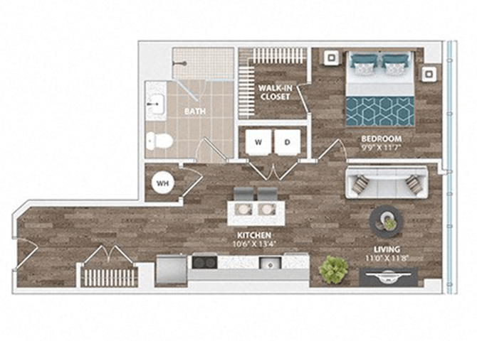 Floor plan for 1 bed, 1 bath, 686 sqft